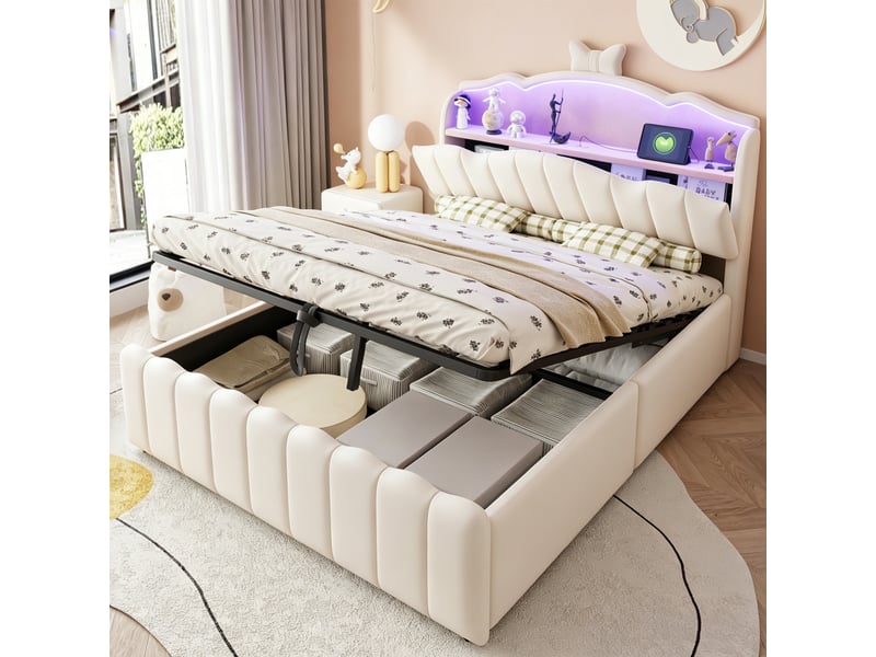  Lit coffre 140x200 cm - lit enfant 140x200 - lit double en velours avec led rgb, prises usbtype-c &amp; tête rabattable - blanc  - Conforama B