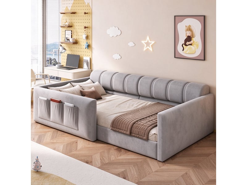  Lit pour enfant capitonné 90x200 – avec sommier à lattes – gris (matelas non inclus)  - Conforama R