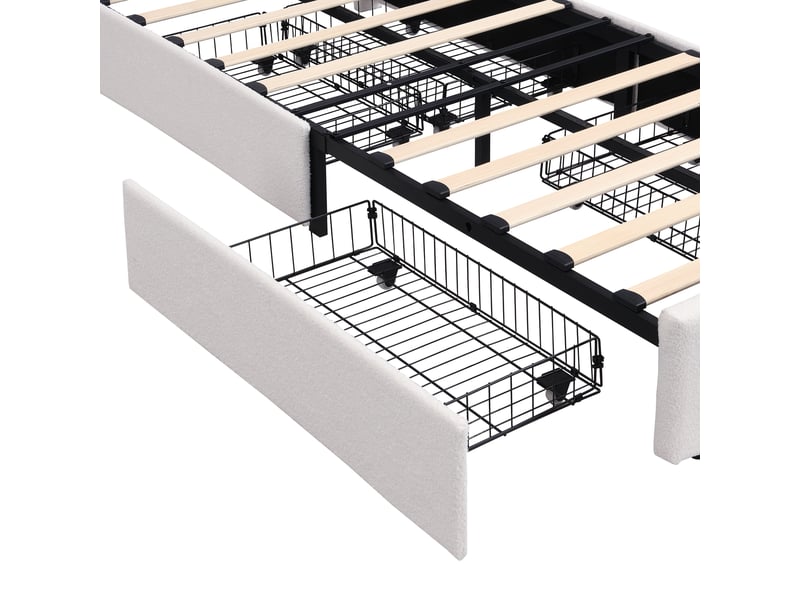  Lit avec rangement 90 × 200 cm, velours, 4 tiroirs, tête de lit ourson, led par appli, beige, charge 220 kg, 210 cm  - Conforama E