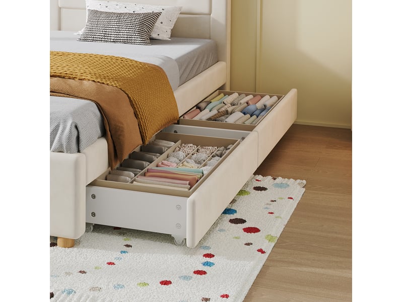  Lit enfant 90 × 200 cm 1 place avec 4 tiroirs et tête de lit maison, sans matelas, en velours beige  - Conforama E
