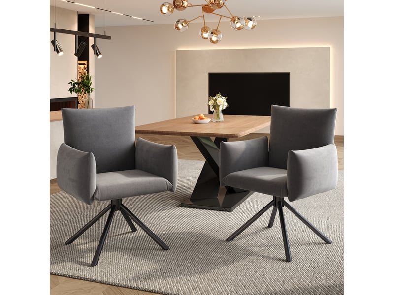  Lot de 6 chaises 60x60x88 cm, pivotantes 360°, velours gris, assises rembourrées, appui lombaire, pieds métalliques  - Conforama D