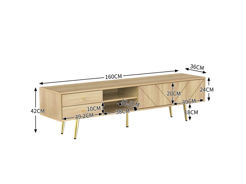  Meuble tv 160 cm avec pieds dorés, 2 tiroirs, portes à rainures inclinées, couleur bois  - Conforama C