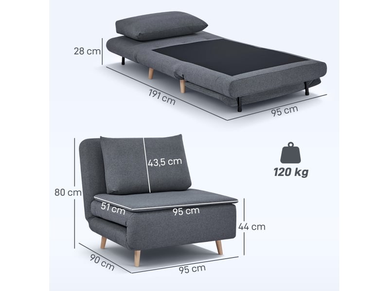  Fauteuil convertible ulevr 3-en-1 click-clack 95 cm, dossier réglable 3 positions, lit d’appoint 191 x 95 cm, polyester gris  - Conforama C