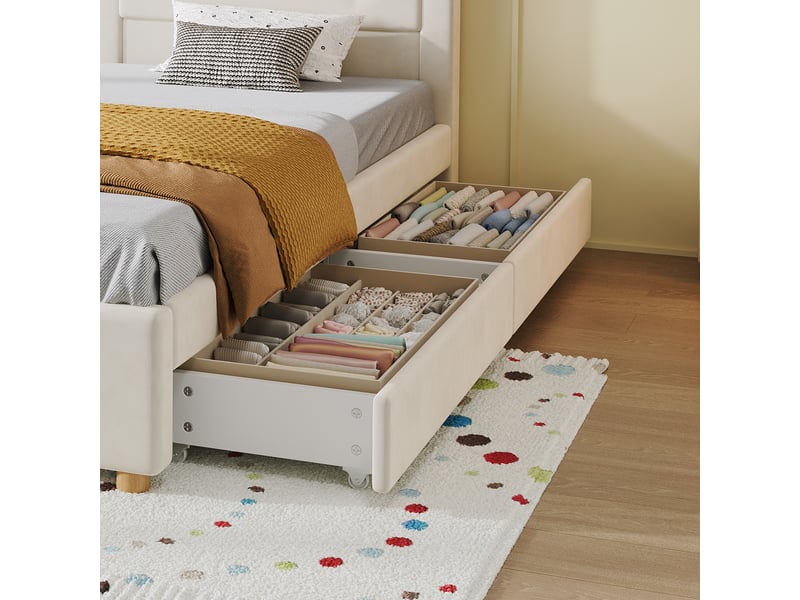  Lit enfant simple 90x200 cm en velours beige avec tête de lit maison et 4 tiroirs, sans matelas  - Conforama E