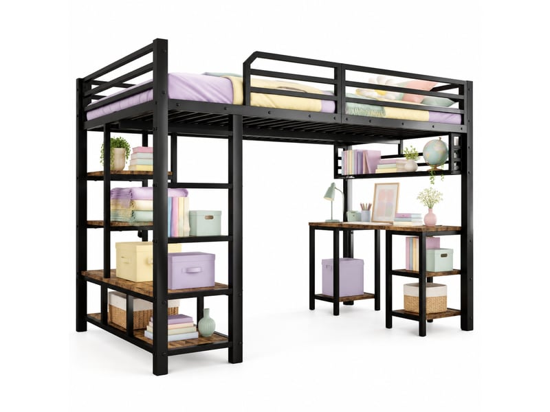  Lit mezzanine enfant 200×120 cm avec bureau intégré, tablette et échelle à 4 marches, sans matelas, noir et noyer foncé  - Conforama A