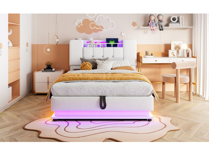  Lit enfant capitonné 90x200 cm beige velours avec éclairage led port usb et coffre hydraulique cadre métallique Sol Morn - Conforama B