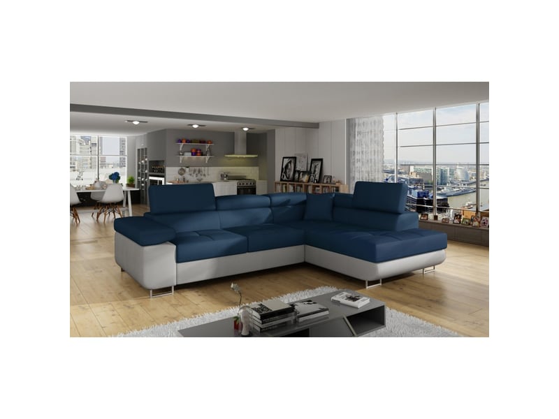  Canapé d'angle convertible menton bleu océan et blanc – angle droit avec coffre  - Conforama B