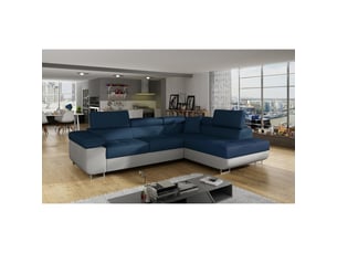 Canapé d'angle convertible menton bleu océan et blanc – angle droit avec coffre