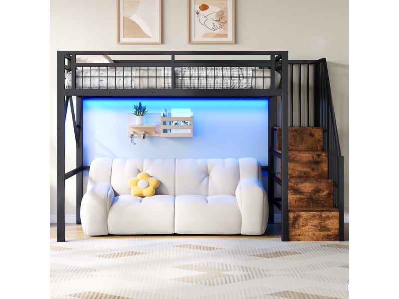 Lit mezzanine 90x200 cm avec led, escalier avec rangement, espace sous le lit aménageable, cadre métallique et mdf, noir Radiant Stride - Conforama D