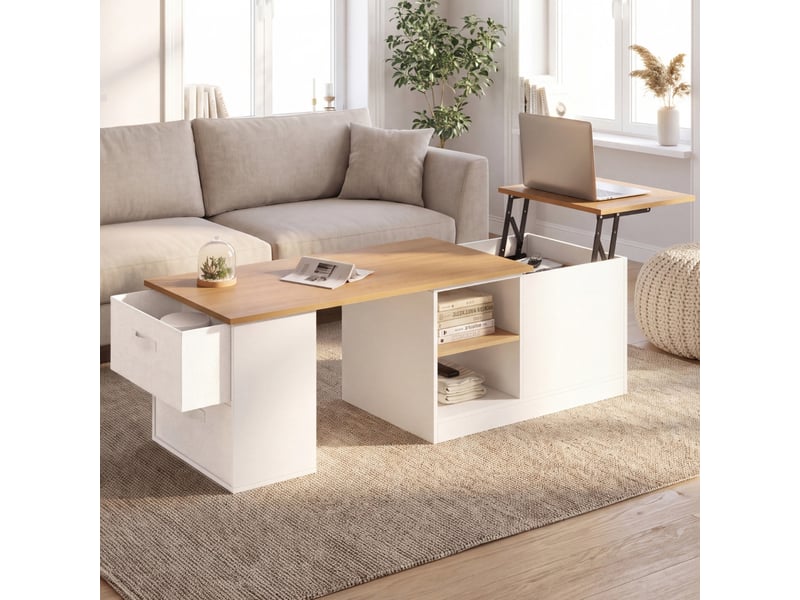 Table basse plateau relevable et extensible rectangulaire ilona 100-140 cm avec 2 tiroirs, coffre et étagère blanc et bois - Conforama B