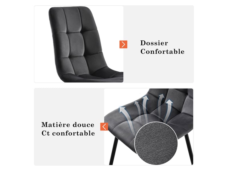  Lot de 4 chaise de salle à manger , chaise scandinave avec assise et dossier rembourrés en velours ,pieds en métal ,noir  - Conforama W