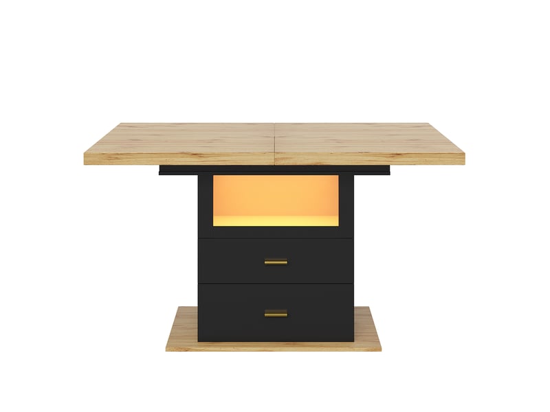 Table à manger extensible 140x80x75 cm - mdf bois + métal - 6 personnes - led éclairage intégré - 2 tiroirs - Conforama D