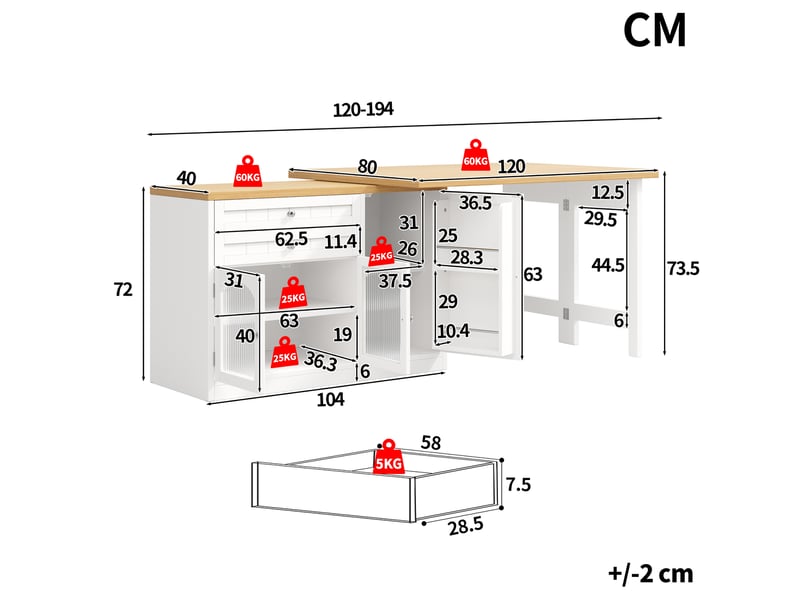 Ilot de cuisine 3 portes 2 tiroirs coloris blanc mdf - Conforama C