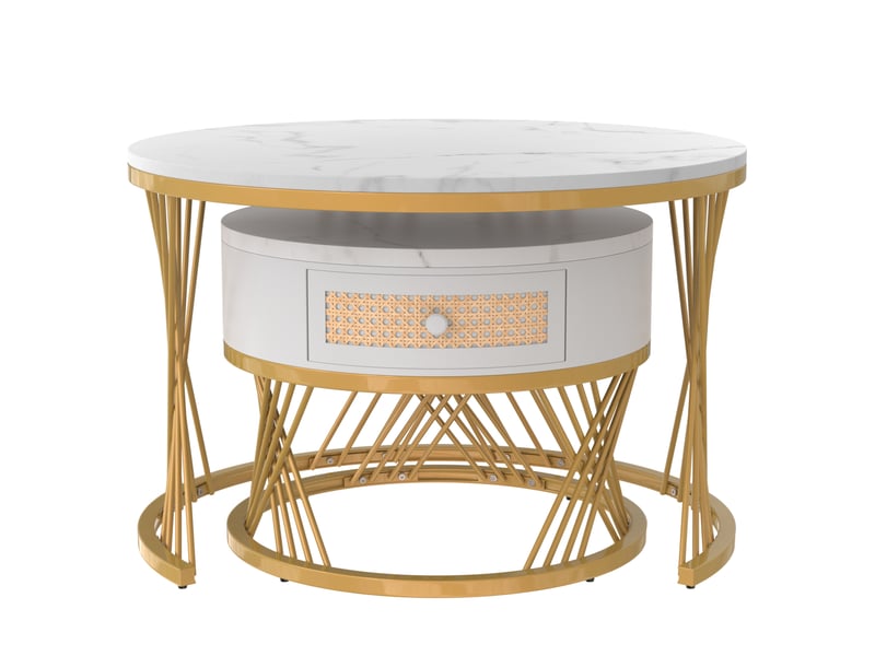  Table basse ronde 2 en 1 en mdf, servant également de table d'appoint avec plateau en marbre et tiroirs en rotin synthétique. Poignées en bois massif. Pieds en fer doré. 70 x 70 x 45,5 cm + 50 x 50 x 38,5 cm  - Conforama D