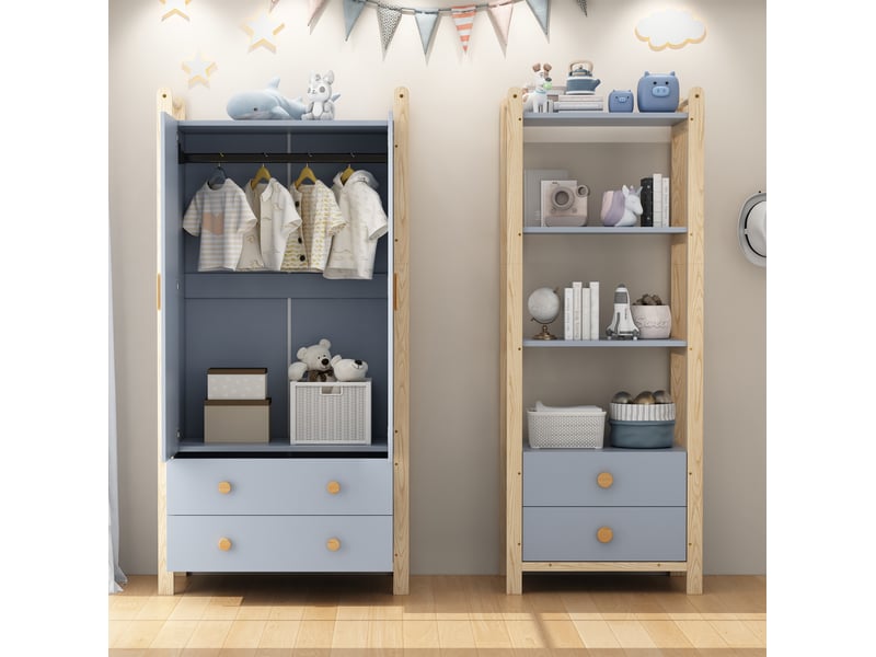  Ensemble armoire et bibliothèque enfant – bleu et bois – 160 x 44 x 180,5 cm  - Conforama B