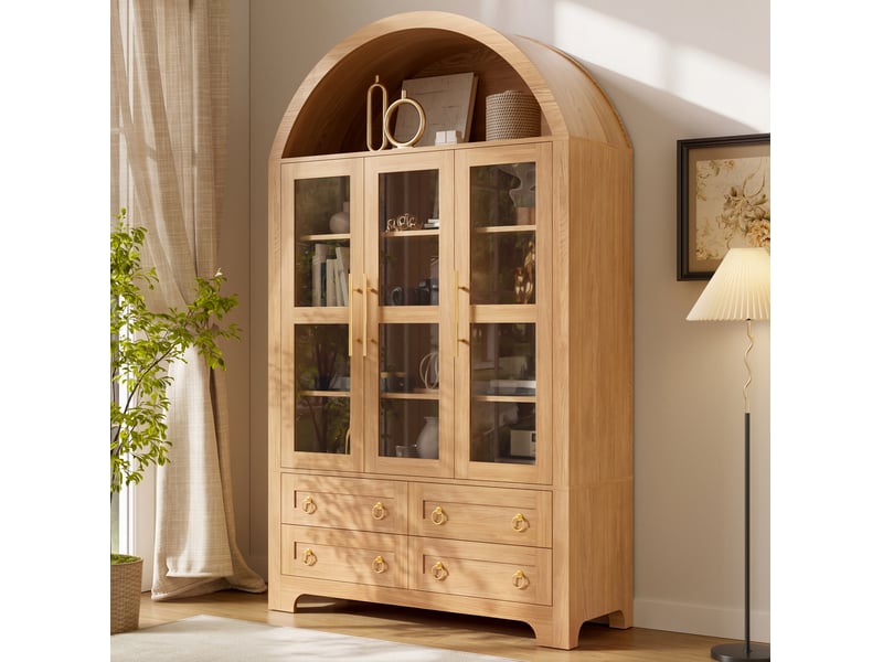  Buffet haut tcqpz 110 x 40 x 185 cm 3 portes vitrées 4 tiroirs niche ouverte mdf panneaux de particules naturel  - Conforama E