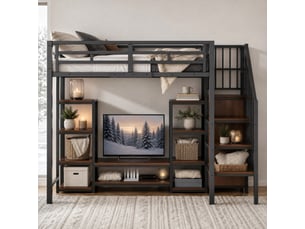 Lit mezzanine ulevr 90 x 200 avec support tv, prise électrique et échelle de rangement, structure métal et mdf, noir