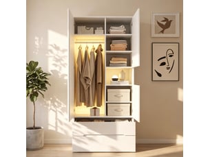 Armoire de chambre blanche avec led 90x50x200 cm 3 portes 2 tiroirs et penderie