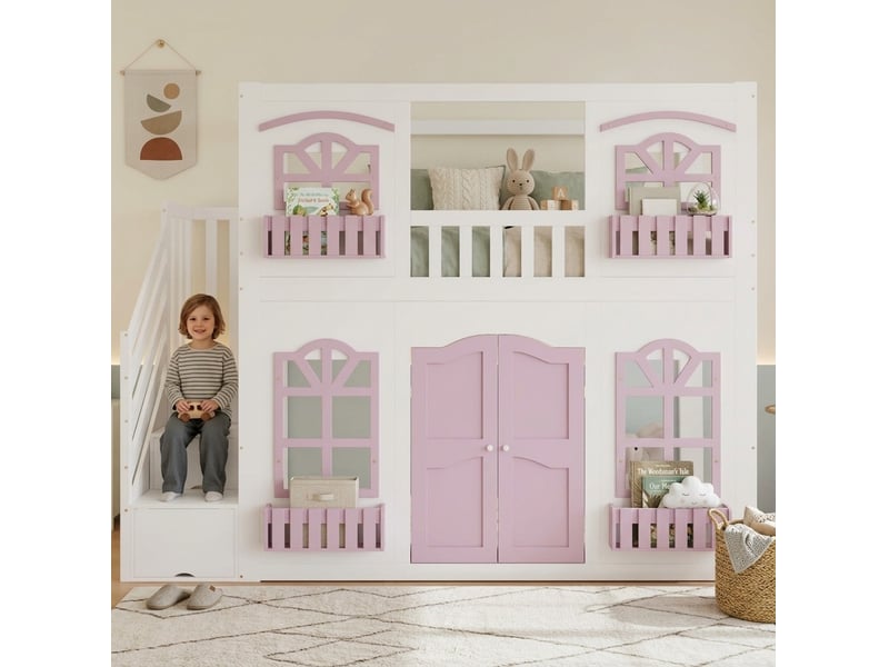  Lit mezzanine enfant 90x200 cm blanc et rose bois, escalier de rangement avec fenêtres acrylique  - Conforama B