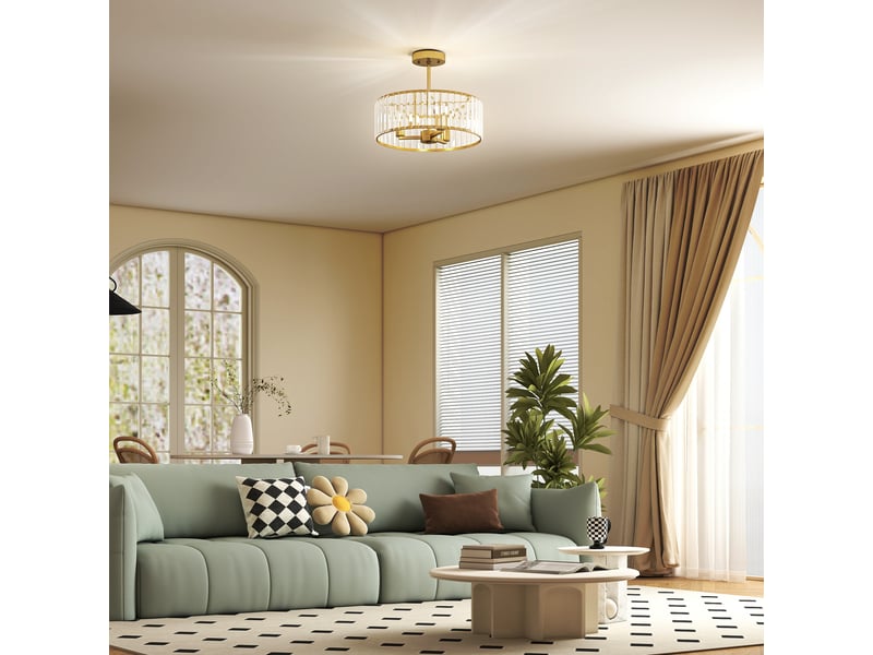  Plafonnier, lustre design, abat-jour en cristal, 3 ampoules, métal, couleur or  - Conforama C
