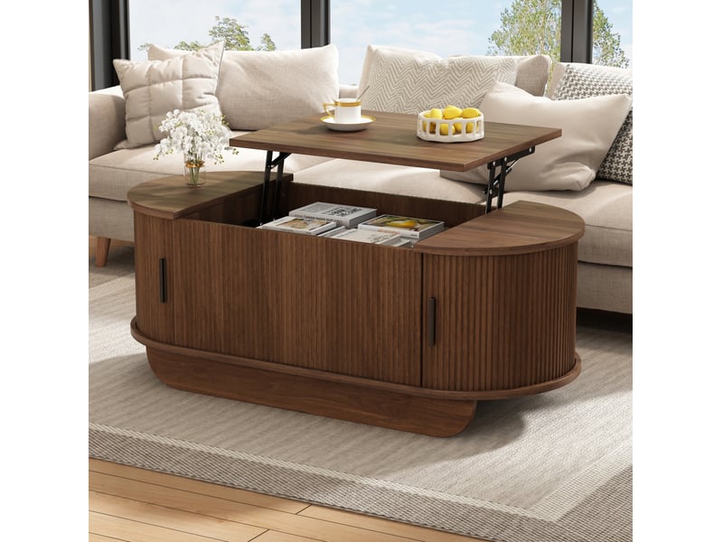 Table basse ovale relevable avec rangement et portes à rideau en mdf, finition noyer - Conforama B