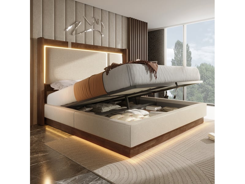  Lit coffre 160x200 cm avec led et sommier à lattes, beige et noyer  - Conforama B