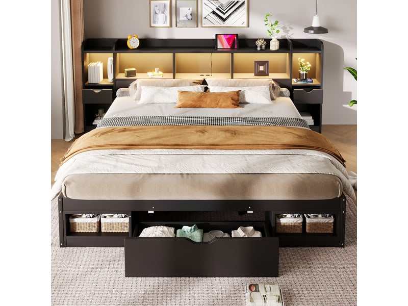  Lit plateforme 180 x 200 cm avec rangements, led, usb et 3 tiroirs noir  - Conforama B