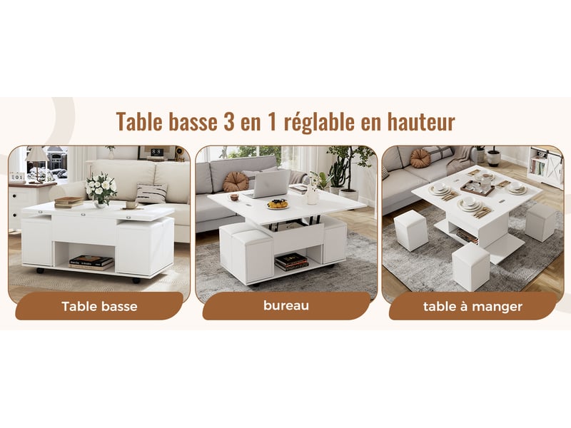  Table basse relevable 100x50 cm, 48 cm de hauteur, 3-en-1 transformable, avec roulettes et 4 tabourets inclus, panneaux de particules, blanc Morn Vibe - Conforama E