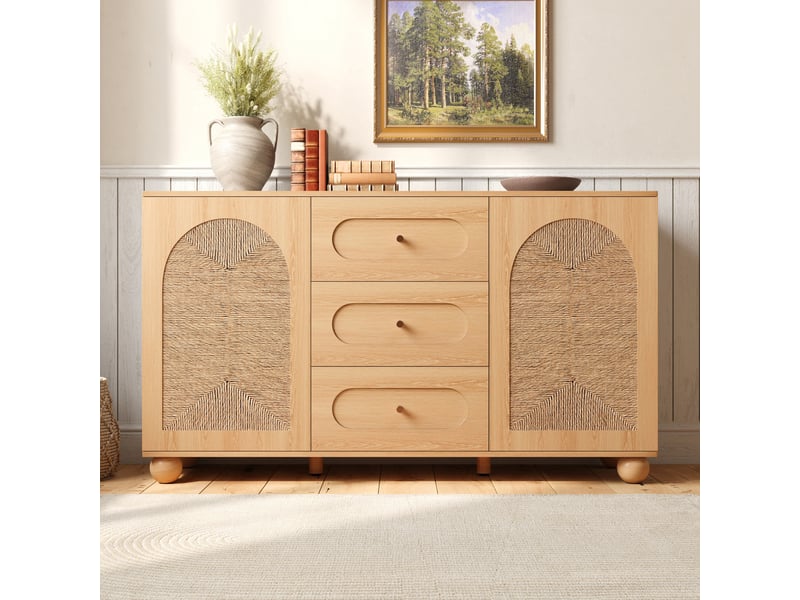Buffet naturel 140 × 40 × 80 cm, en mdf et aggloméré, avec 2 portes et 3 tiroirs, portes tressées en corde - Conforama E