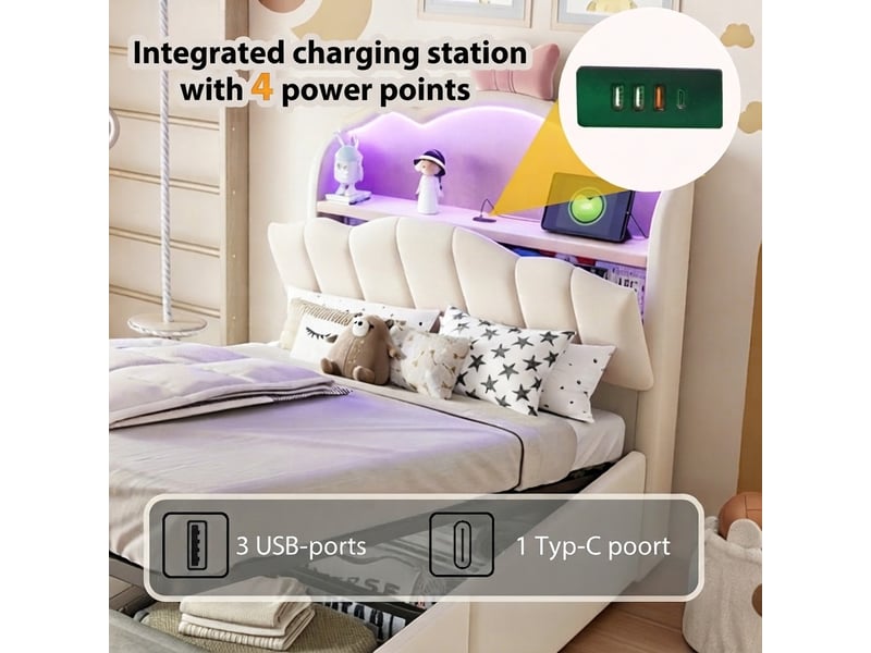  Lit jeune, 90x200 cm, éclairage led, ports de charge, en métal, beige cao-LDU00586AAA-conf-NEW - Conforama W