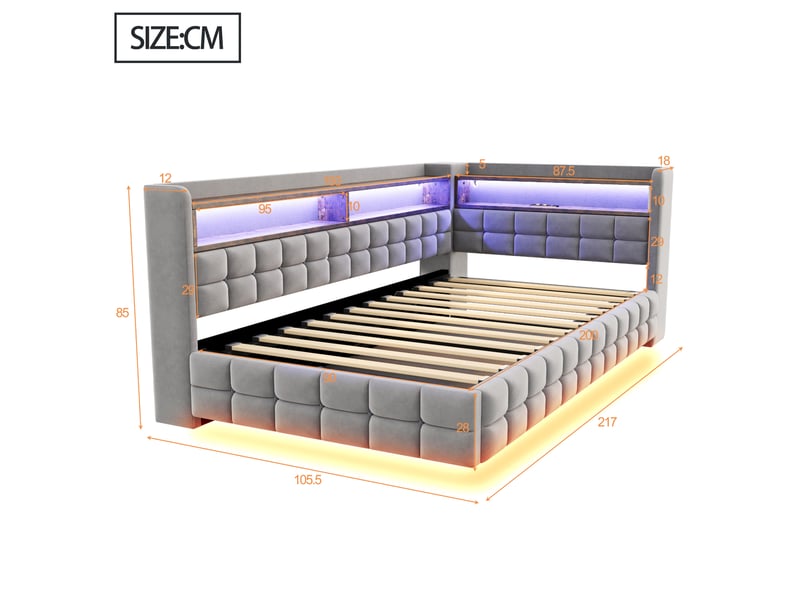  Lit coffre 90x200 cm - lit simple avec rangement hydraulique - tête de lit led, usb &amp; type-c - étagères - gris  - Conforama C