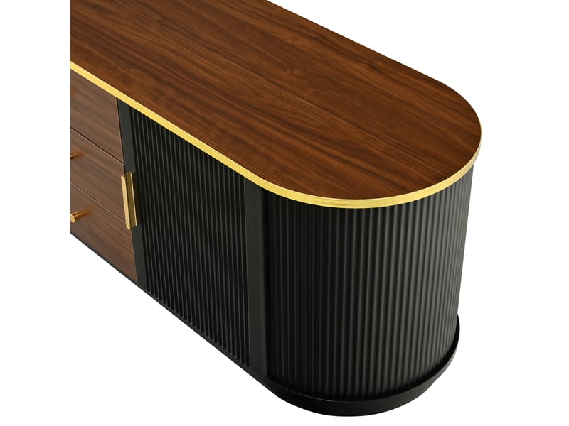  Meuble tv avec 3 tiroirs, 3 portes, passe-cables integre, mdf noir et verre brun, 180x40x46 cm  - Conforama R