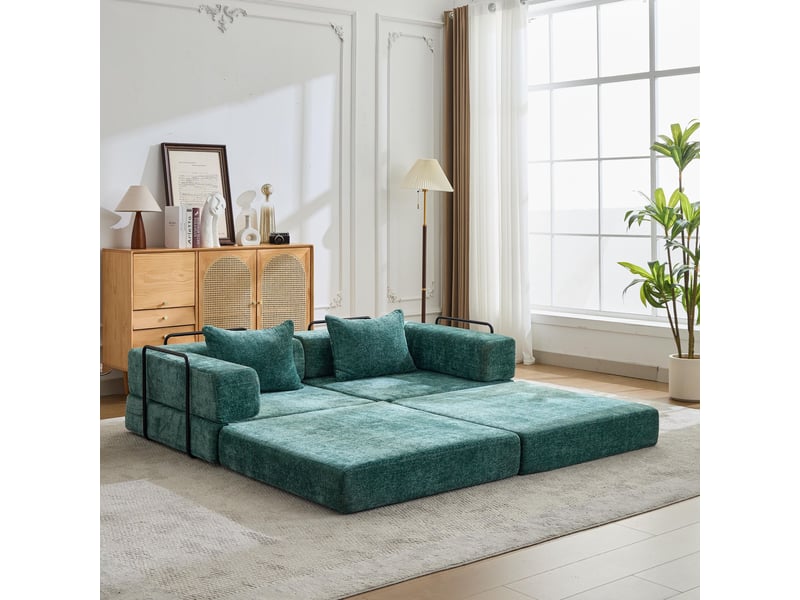  Canapé convertible 2 places - 200x100x63cm - canapé lit modulaire tissu chenille matelas ressorts ensachés - vert foncé  - Conforama C