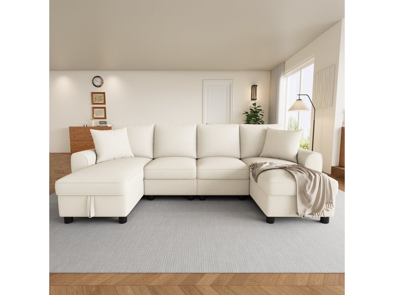  Canapé en u beige 4 places en chenille, canapé d’angle avec deux méridiennes et coffre de rangement, 280 x 137 x 84 cm  - Conforama W