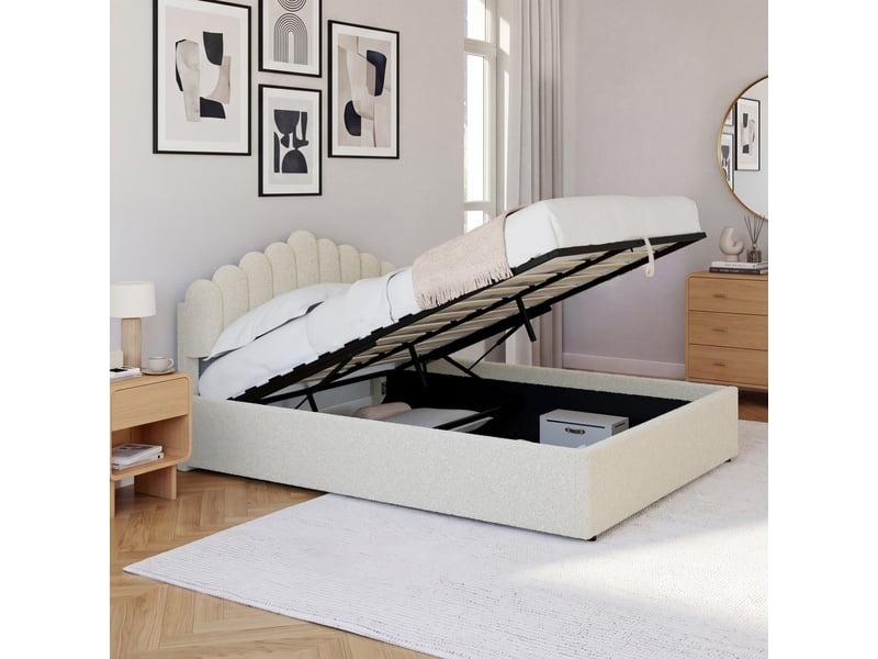  Lit coffre double noelie avec tête de lit et sommier 140 x 190 cm tissu bouclette blanc  - Conforama B