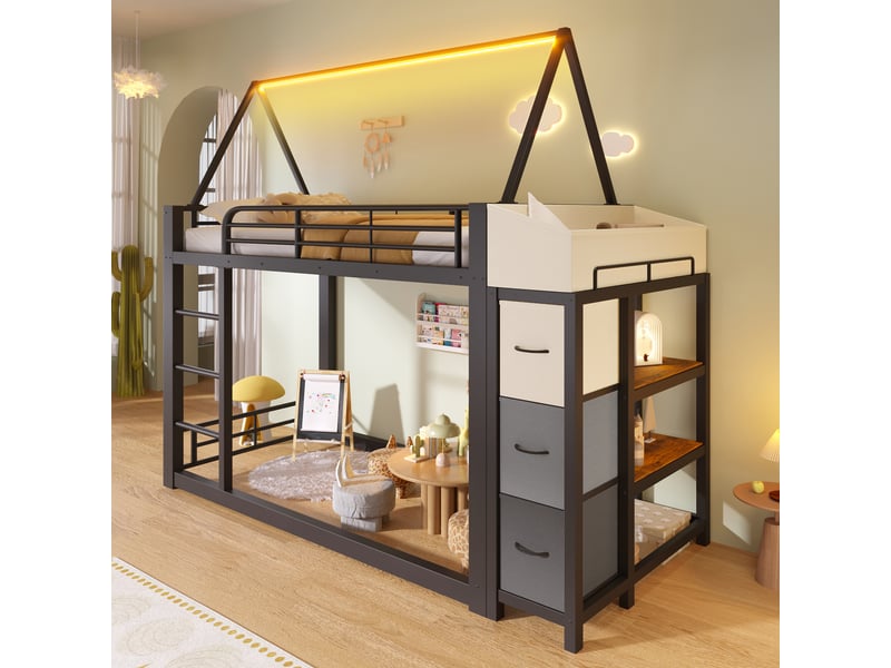 Lit mezzanine 90 x 200 cm – avec étagères de rangement – avec tiroirs en tissu – avec ruban lumineux led – noir (matelas non inclus) - Conforama E