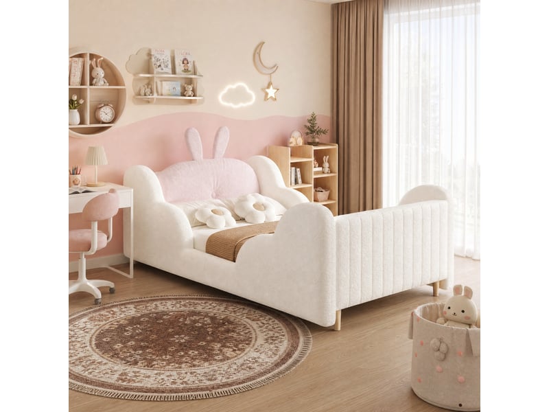  Lit enfant 90x200 cm avec coussin lapin et côtés nuage, tissu teddy blanc  - Conforama C