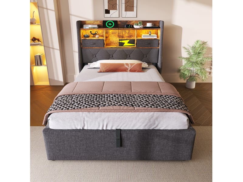 Lit enfant 90x200 cm – gris – coffre hydraulique, led, usb-c, sommier à lattes et matelas h3 réversible inclus - Conforama B