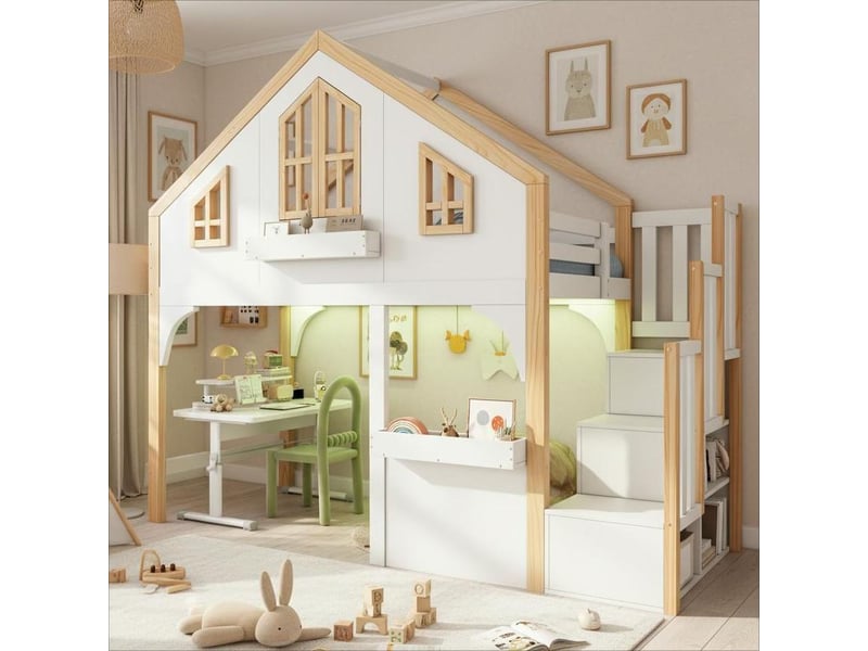  Lit superposé enfant 90x200 en bois avec escalier de rangement et éclairage led - blanc et nature  - Conforama B