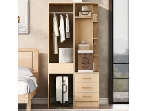 Armoire avec 1 porte, penderie ouverte, étagères et tiroirs, style minimaliste, pour chambre, en mdf, bois, 70 × 55 × 175 cm