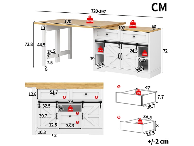 Desserte de cuisine avec placard, tiroirs dissimulés et plateau pivotant, table extensible pour salle à manger - Conforama D