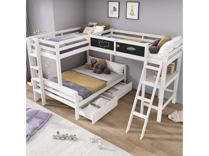 Lit mezzanine enfant 3 couchages avec bureau et tiroirs, blanc et coloris chêne - Conforama C