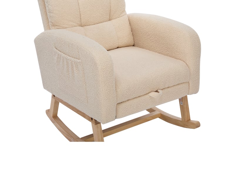  Fauteuil à bascule 132 × 50 × 99 cm avec repose-jambes, poche latérale et dossier haut, bois massif et tissu bouclé - beige  - Conforama E
