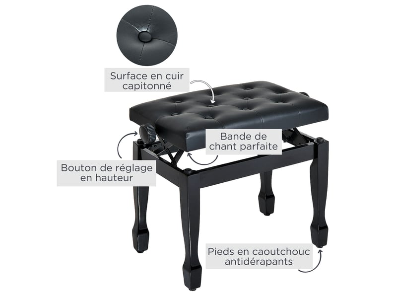  Banc de piano, banc de clavier réglable en hauteur en bois massif, tabouret piano avec siège rembourré polyuréthane à 10 boutons, stable et antidérapant, noir, charge 200kg  - Conforama E