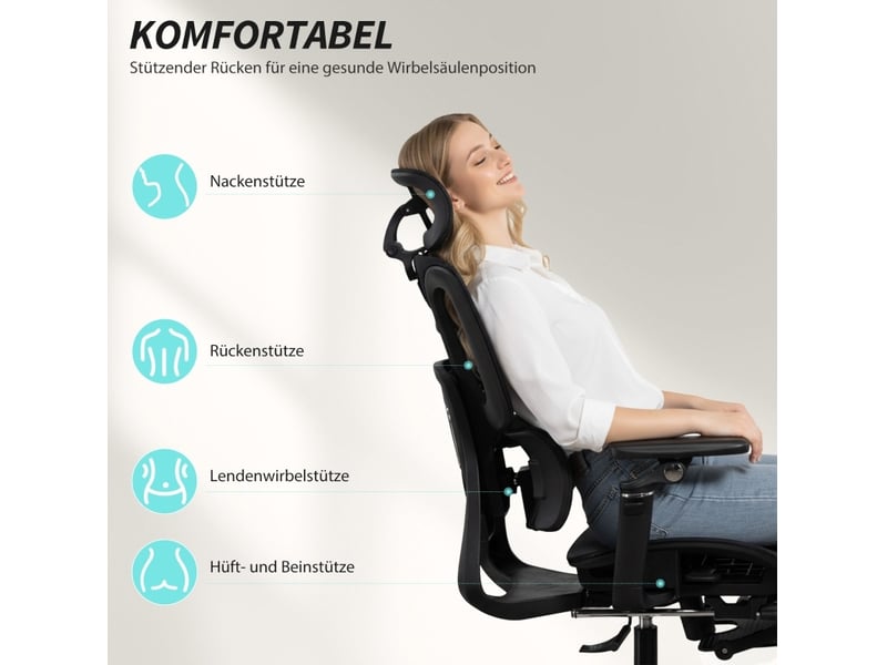  Chaise de bureau ergonomique 71x67x133 cm avec appui-tête réglable, accoudoirs 6d et repose-pieds noir  - Conforama D