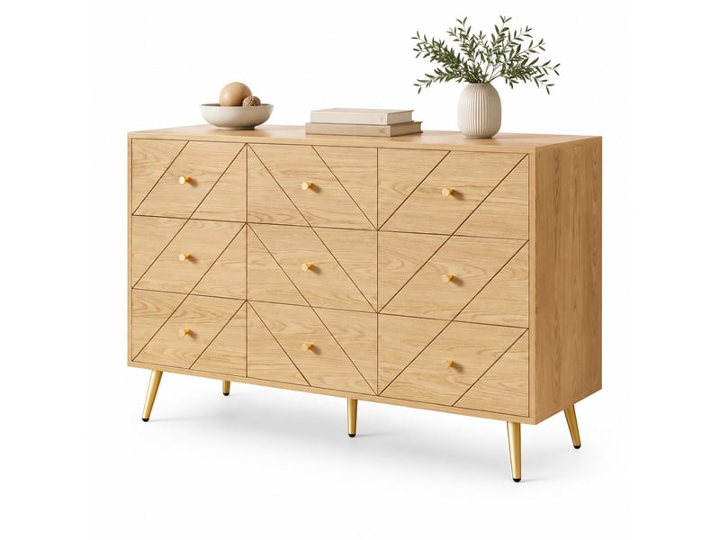  Commode 9 tiroirs moderne – finition bois naturel, pieds en fer – 120 x 39 x 80 cm  - Conforama A