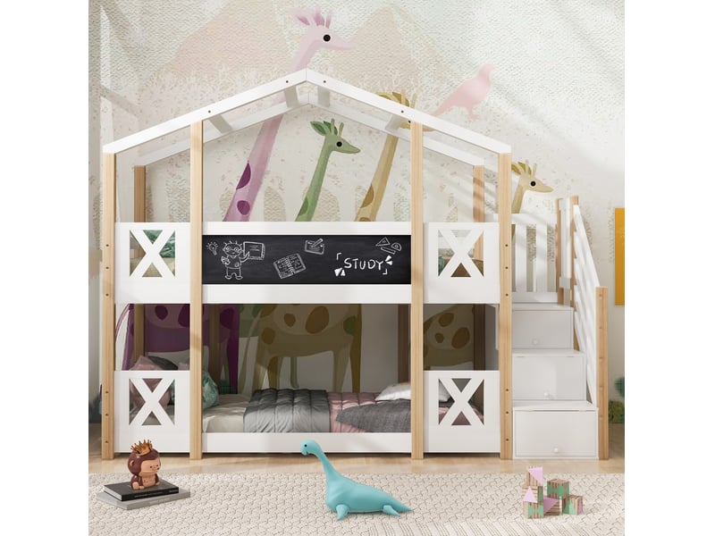  Lit superposé enfant 90x200 cm – blanc et naturel – cabane avec escalier de rangement, 2 sommiers - sans matelas  - Conforama B