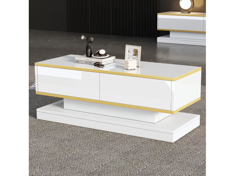  Lot de 2 : meuble tv et table basse blanc chaud brillant et doré  - Conforama D