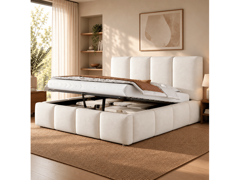  Lit double 180 x 200 cm avec rangement hydraulique et sommier à lattes blanc bouclé  - Conforama D