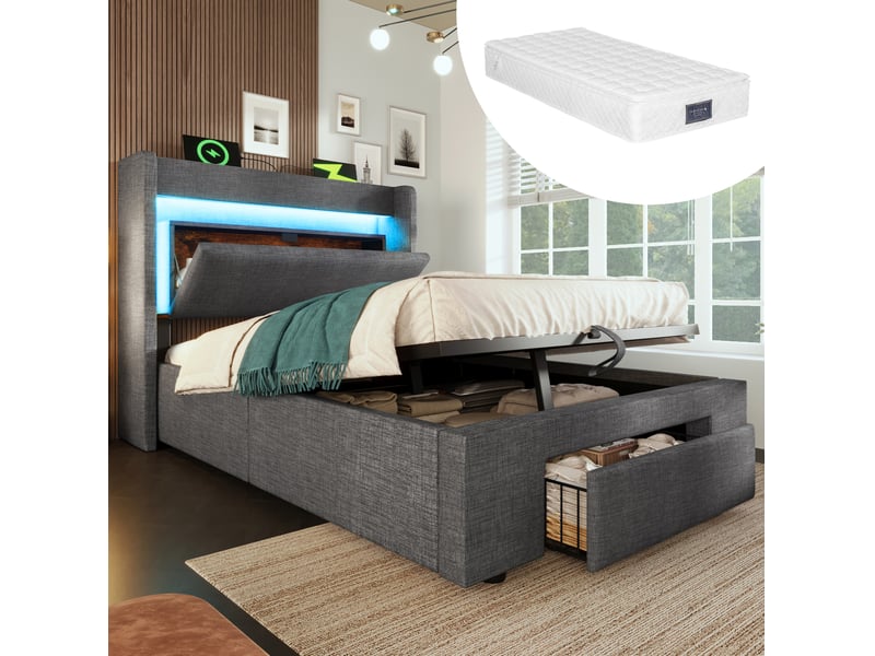  Lit coffre 90x200 cm rangement hydraulique et tiroir en lin gris  - Conforama C